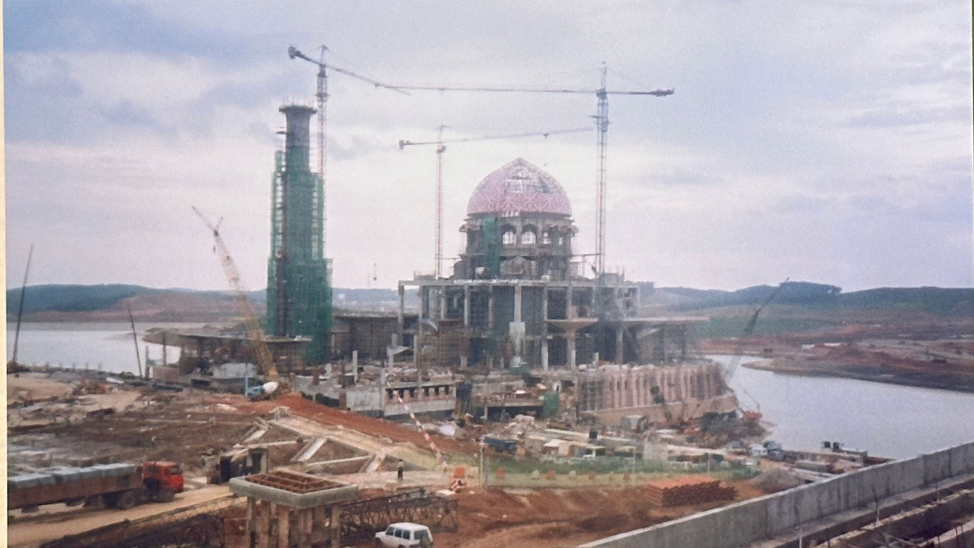 Masjid Putra under construction, with major structural works nearing completion.